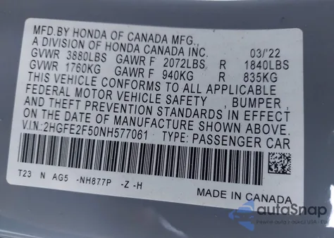 2022 Honda Civic Sport z USA, uszkodzony, nr VIN 2HGFE2F50NH577061